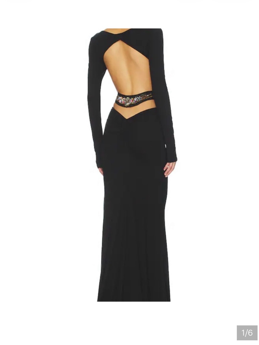 Black Long Sleeve Open-Back Evening Gown with Embellished Waist- Fait Par Foutch